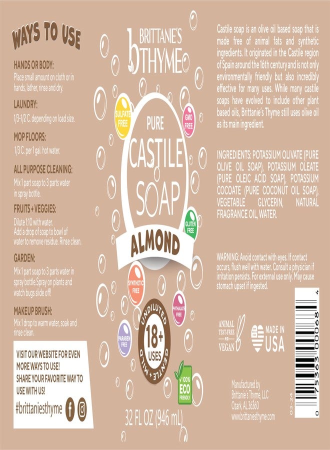 Brittanie's Thyme Brittanie's Pure Castile Liquid Soap Almond – 2 Pack (32oz Each) | Natural, Organic, Multi-Purpose Soap for Body, Face, Home & Pets | Vegan, Sulfate-Free, Made in USA - Image 2